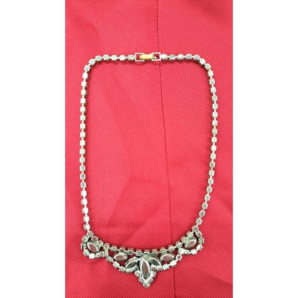 Vintage Clear Black Rhinestone Necklace Marquise 15 Inches Choker Bib Costume - Picture 3 of 5